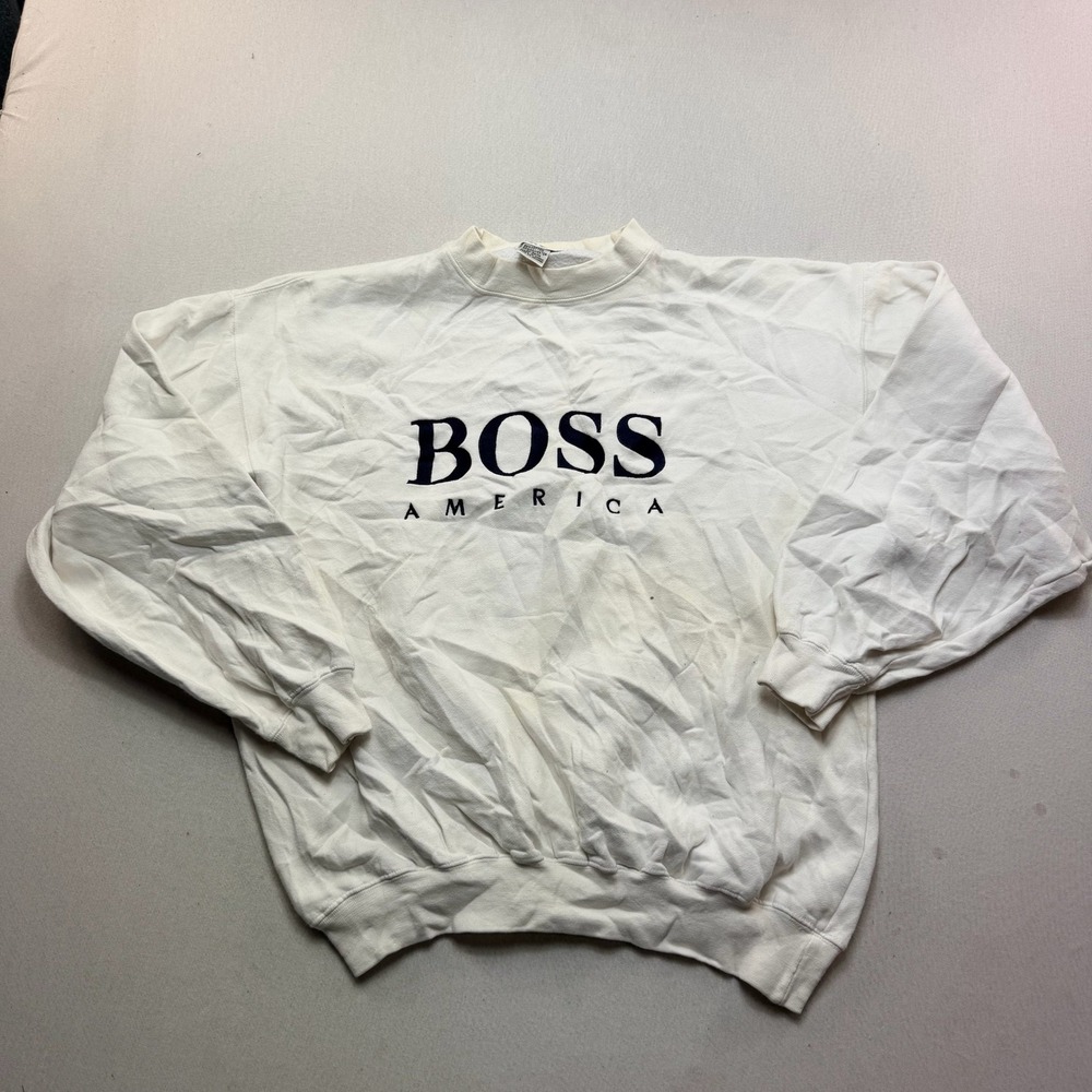 Boss America Sweatshirt Mens Medium White Good Vintage 90s Spellout Pullover